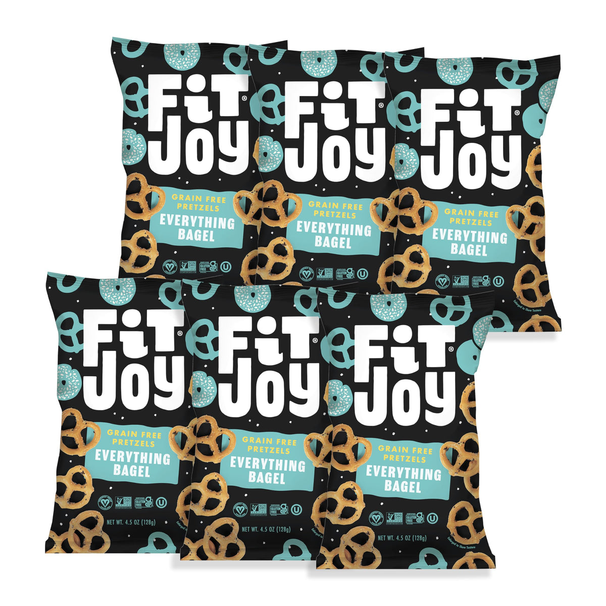 FitJoy Everything Bagel Pretzels 6-pack on a pantry shelf, convenient for family snacking.