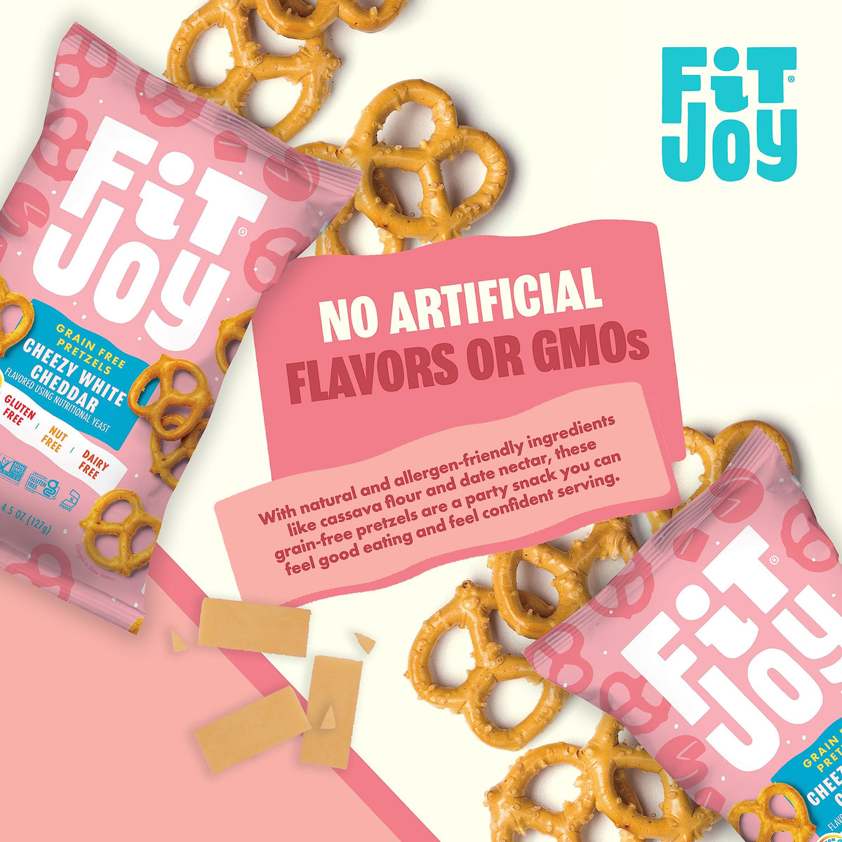 FitJoy grain-free pretzels show cassava-chickpea flour texture for mindful munching