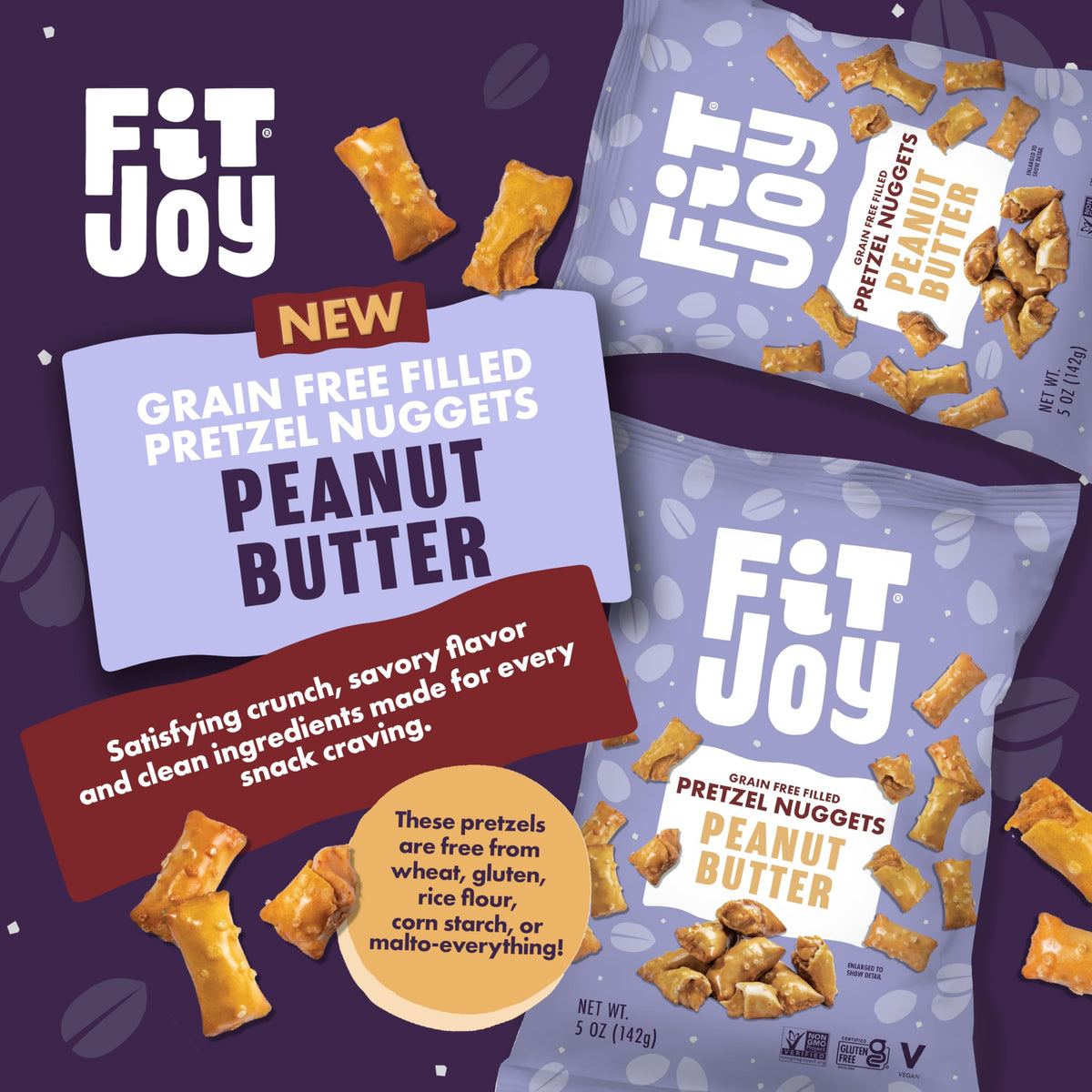Close-up of FitJoy Nuggets showing creamy peanut butter in a crispy pretzel.