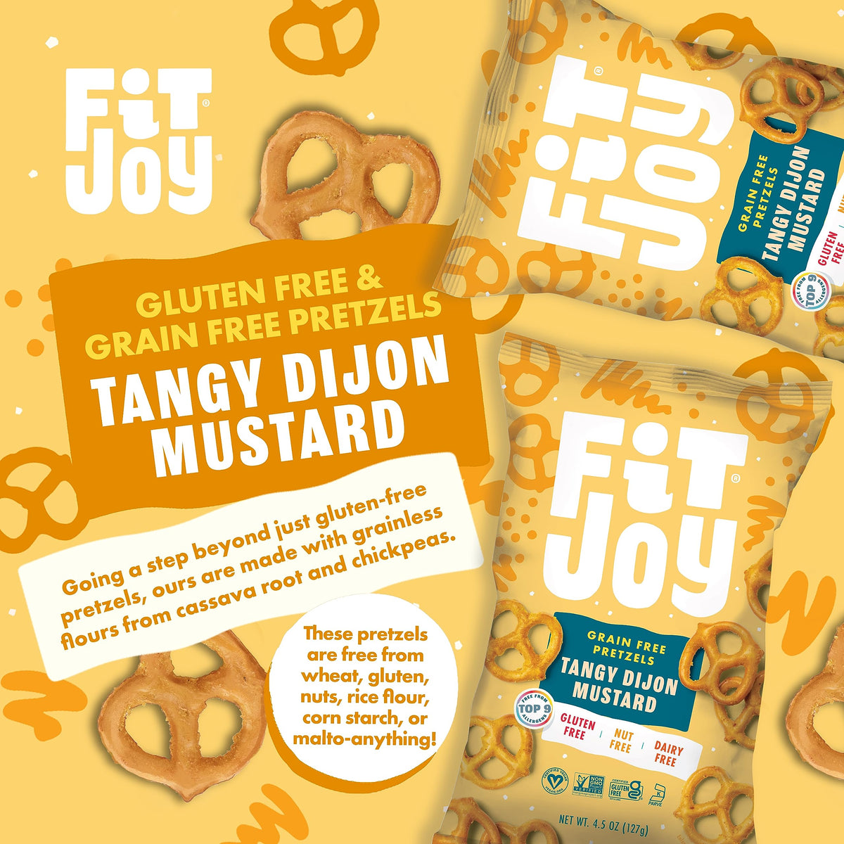 FitJoy pretzels ingredients chickpea and cassava flours offer grain-free crunch.