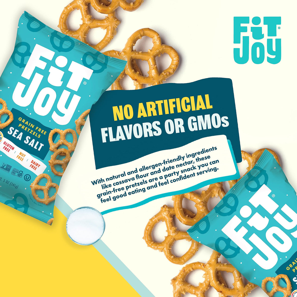 FitJoy Sea Salt Pretzels ingredient view emphasizes chickpea and cassava flours for grain-free texture.