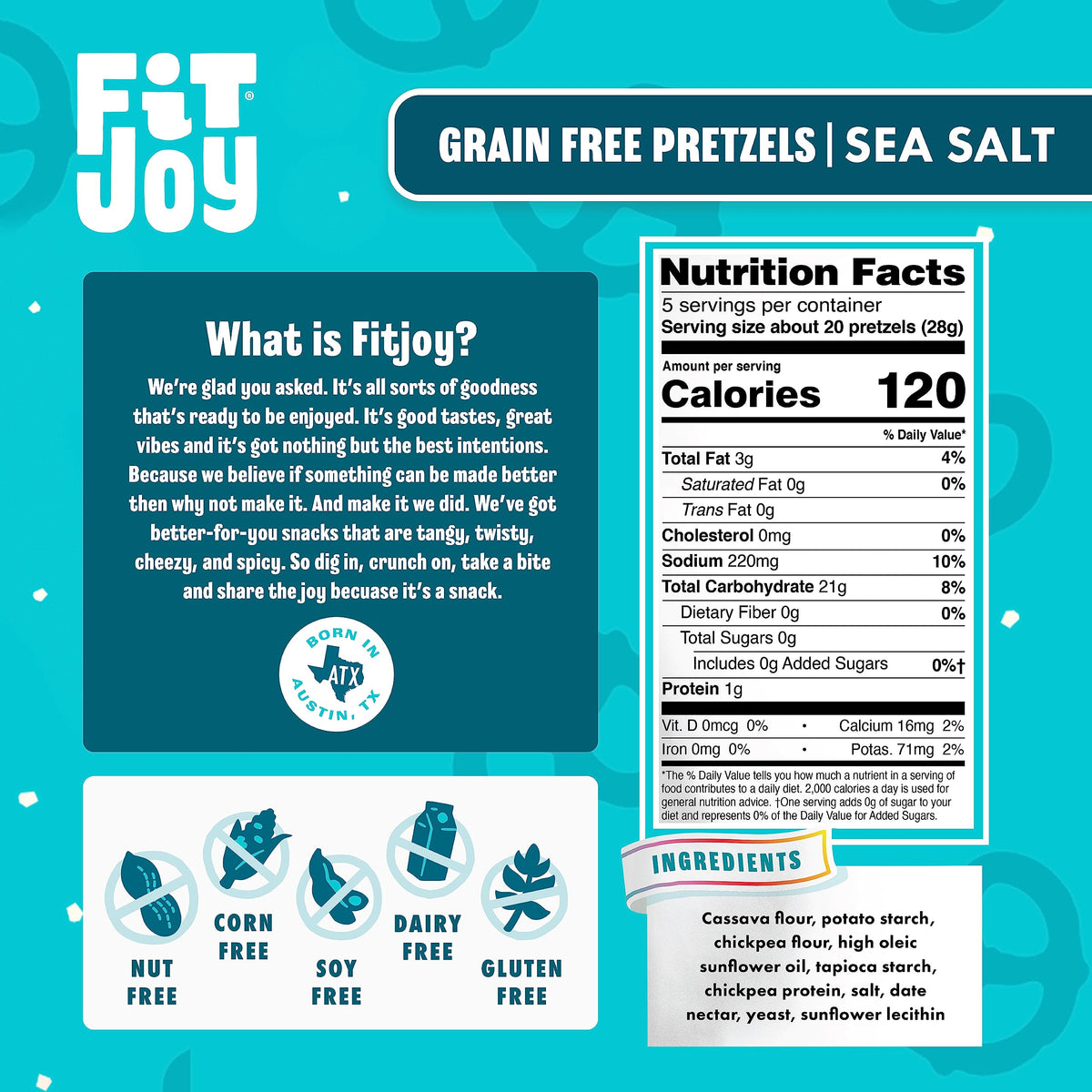 FitJoy Sea Salt Pretzels bag close-up highlights light, crisp bite.
