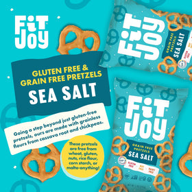 FitJoy Sea Salt Pretzels vegan and non-GMO label visible, appealing to clean ingredient seekers.