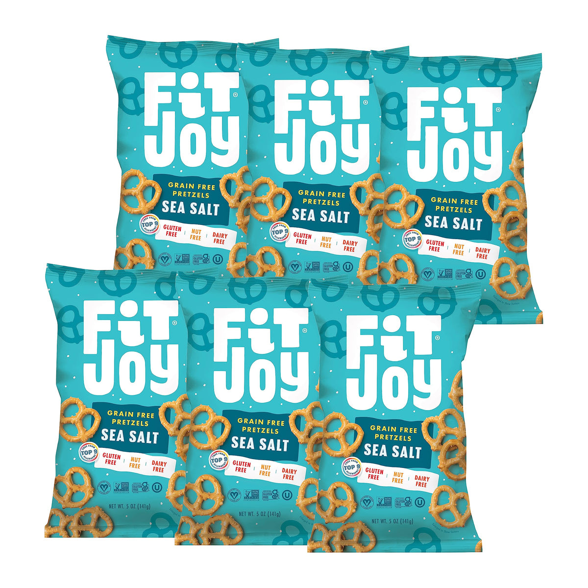 FitJoy Sea Salt Pretzels close-up showing the convenient 6-pack and savory crunch.