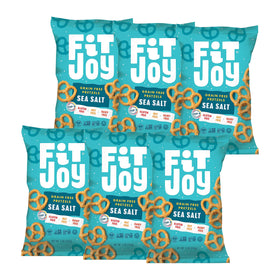 FitJoy Sea Salt Pretzels close-up showing the convenient 6-pack and savory crunch.