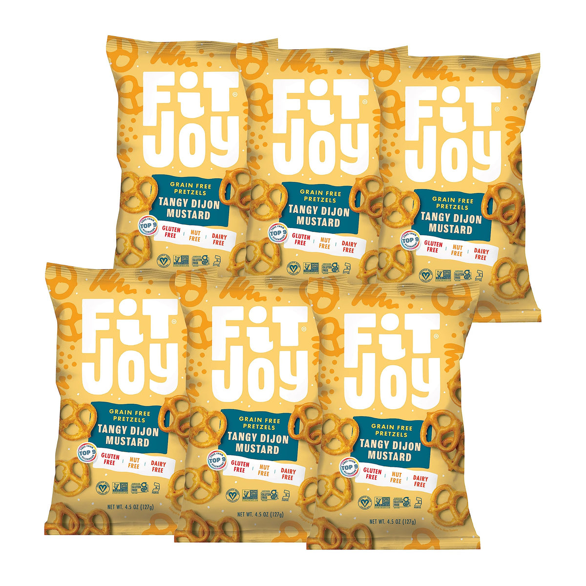 FitJoy Tangy Dijon Pretzels bag front shows a gluten-free snack option.