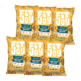 FitJoy Tangy Dijon Pretzels bag front shows a gluten-free snack option.