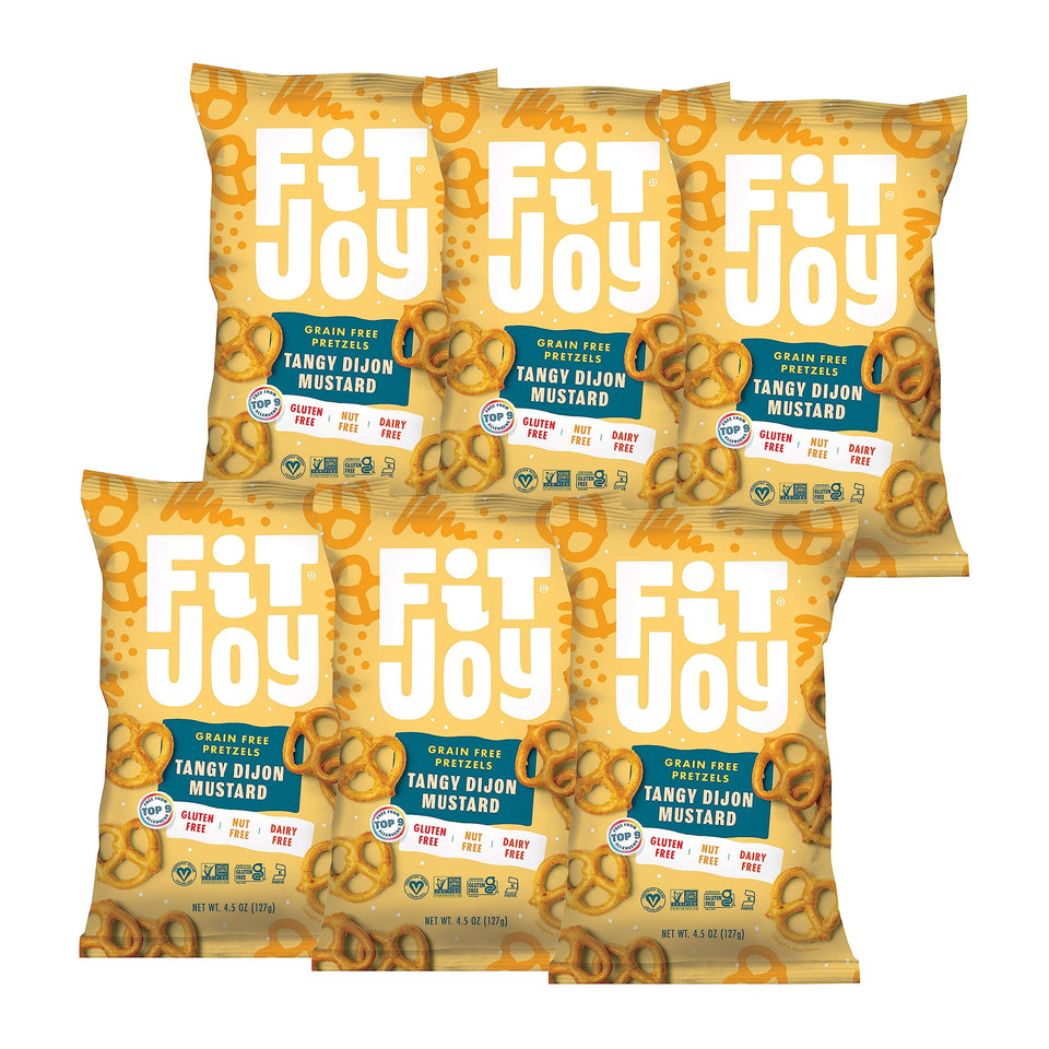 FitJoy Tangy Dijon Pretzels bag front shows a gluten-free snack option.