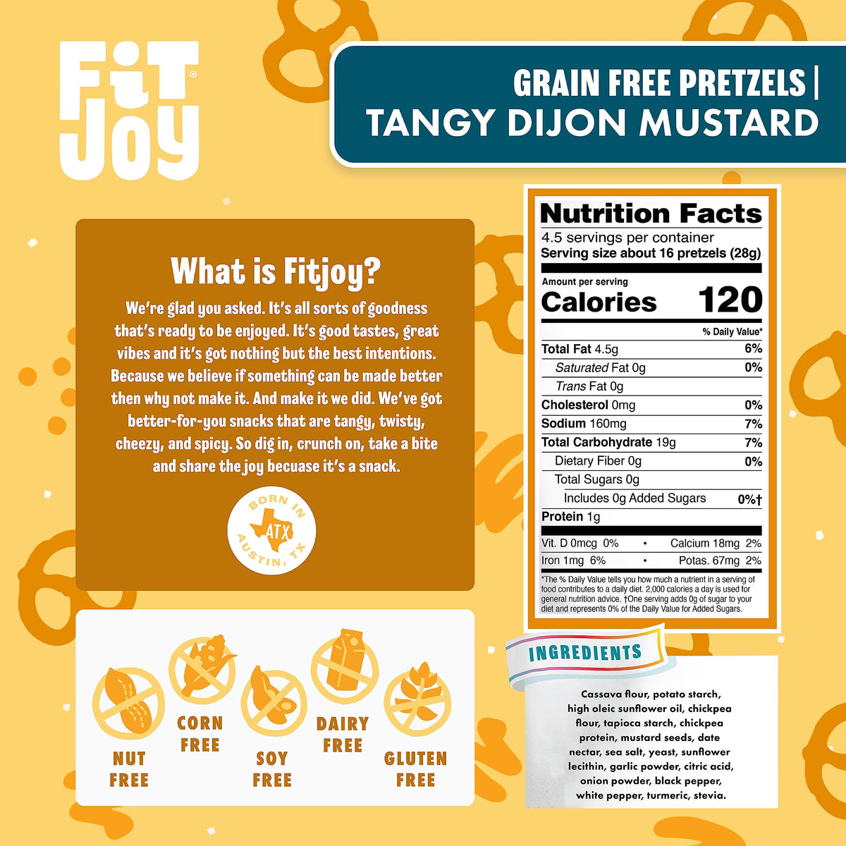 FitJoy Tangy Dijon Pretzels bag open invites shareable party snacking.