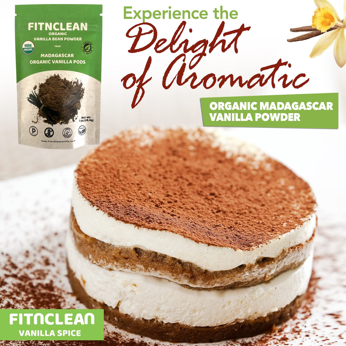 Sprinkling FITNClean Vanilla Bean Powder boosts coffees and lattes.