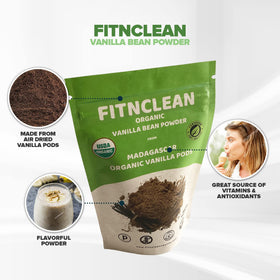 Dusting scoop of FITNClean Vanilla Bean Powder ready to season dishes.