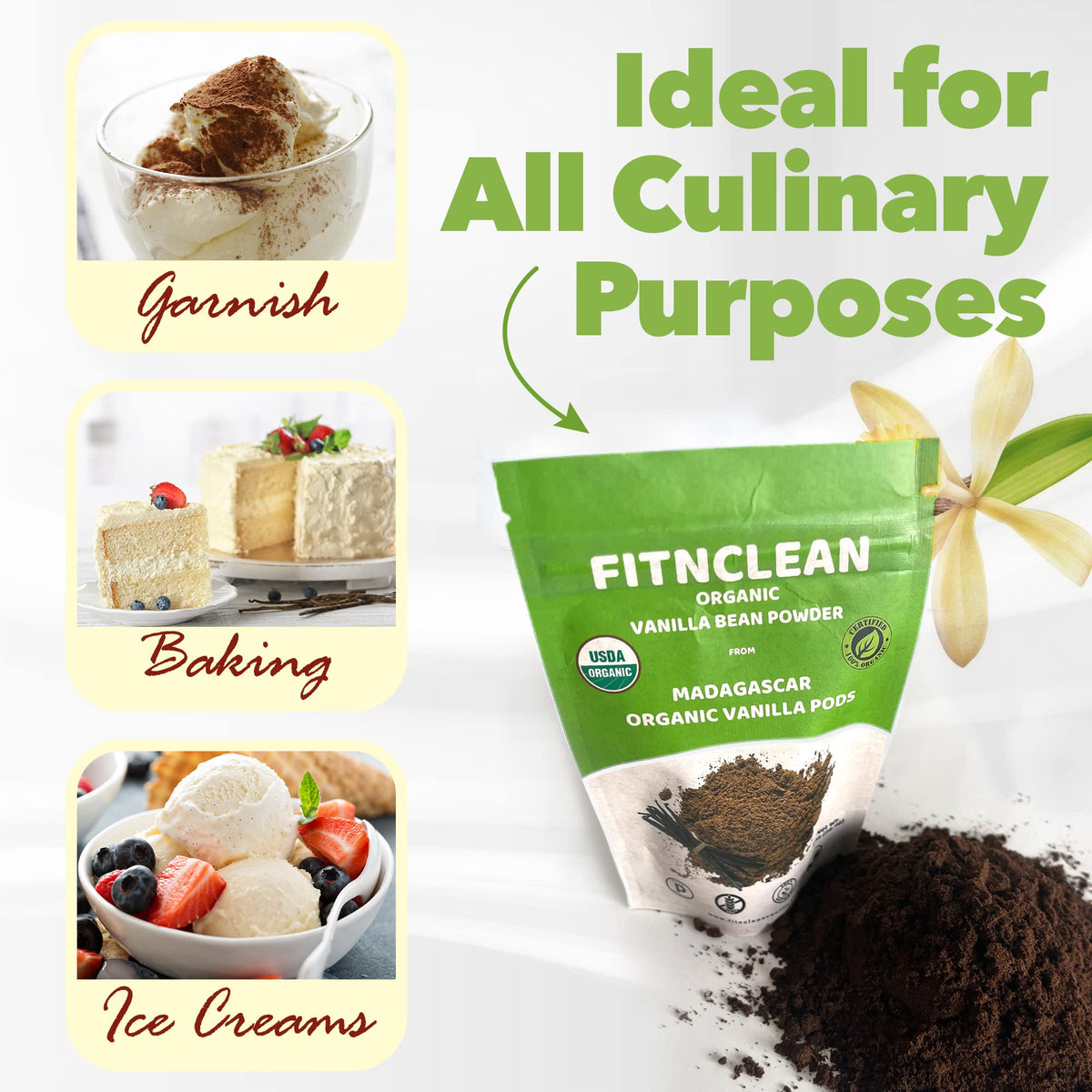 Ground vanilla bean powder from FITNClean provides rich flavor for baking.