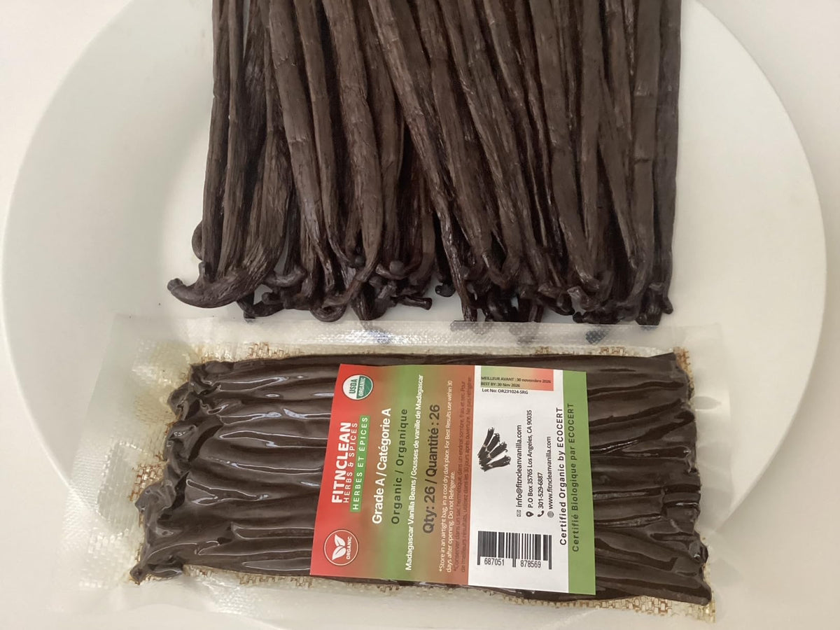 Closeup of FITNCLEAN vanilla beans showing oil sheen and texture for desserts.