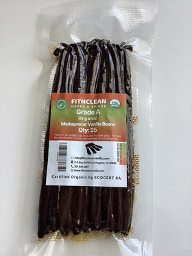 Close-up of dense 6-inch vanilla bean pods from FITNCLEAN.