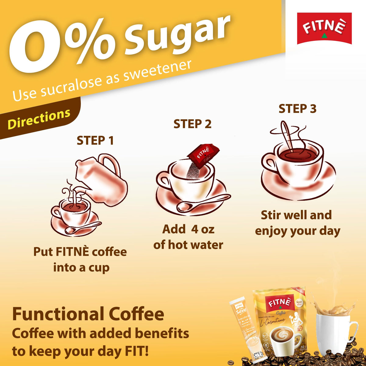 FITNE hot brew in cup demonstrates instant preparation and aroma.