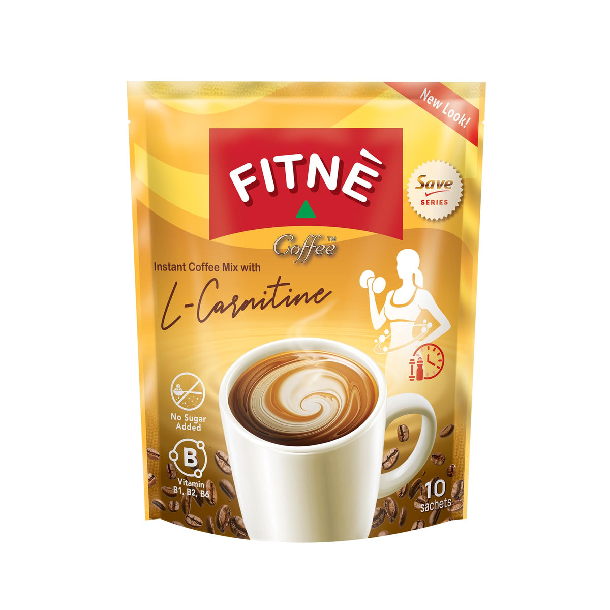 FITNE Instant 3 in 1 coffee packets packaging shows convenient on-the-go energy boost.