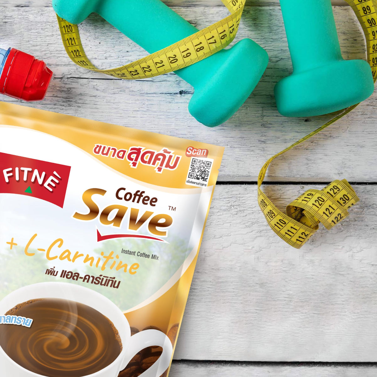 FITNÈ coffee sachet showing no added sugar and sucralose sweetness.