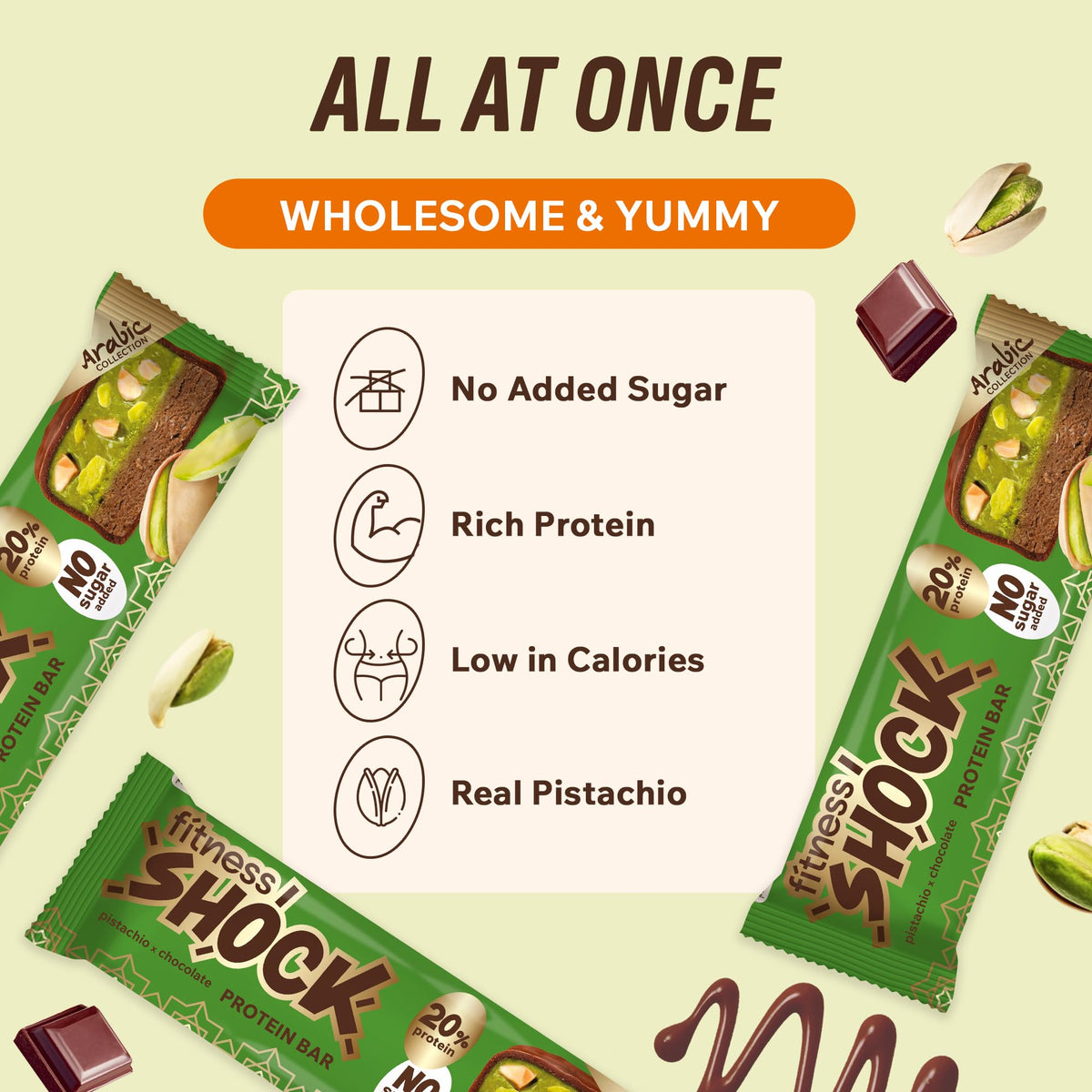 Fitness SHOCK pistachio chocolate bar nutrition panel indicates 10g protein per bar.