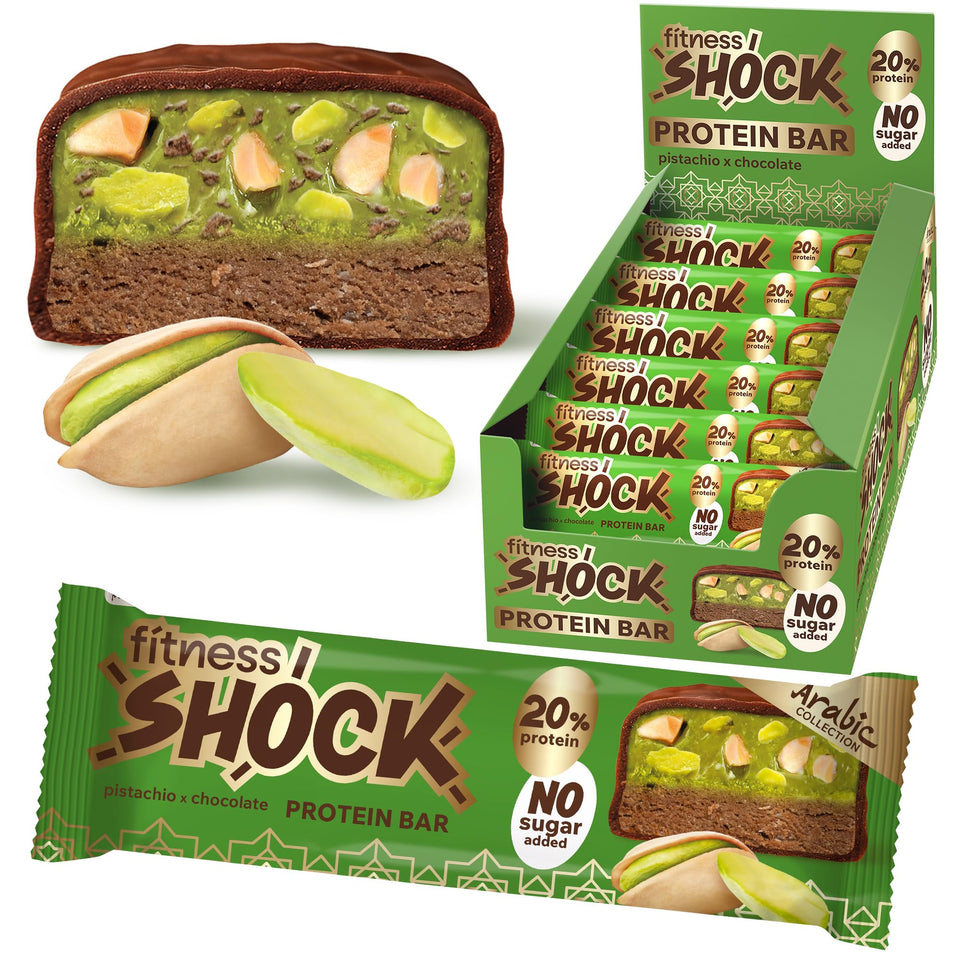 Fitness SHOCK pistachio chocolate bar pack shown, a convenient high-protein snack on the go.