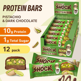 Fitness SHOCK pistachio chocolate bar pistachio pieces suggest texture and crunch in every bite.