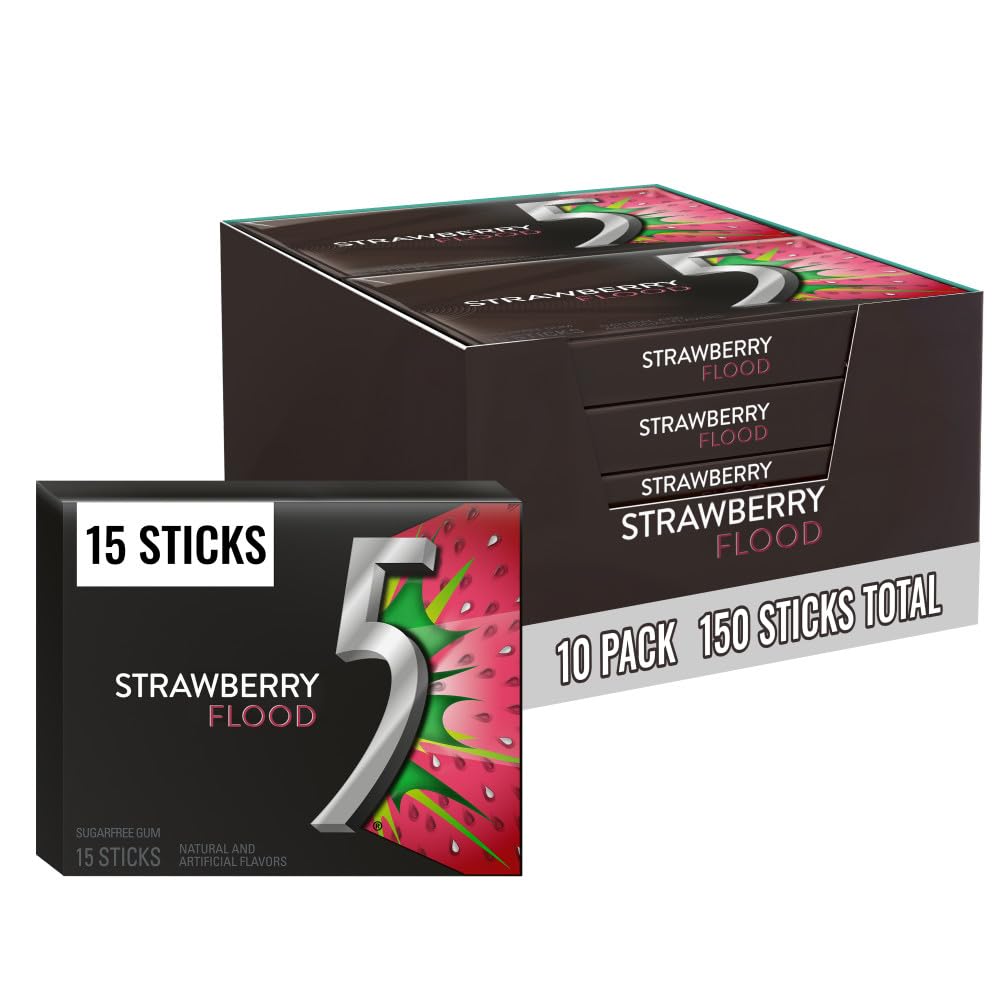 Five Gum Strawberry Flood pack on shelf offers bold, fruity refreshment.