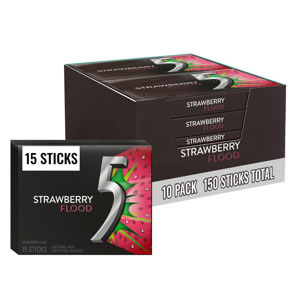 Five Gum Strawberry Flood pack on shelf offers bold, fruity refreshment.