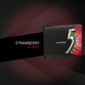 Close-up of Five Gum Strawberry Flood stick highlighting tangy flavor.