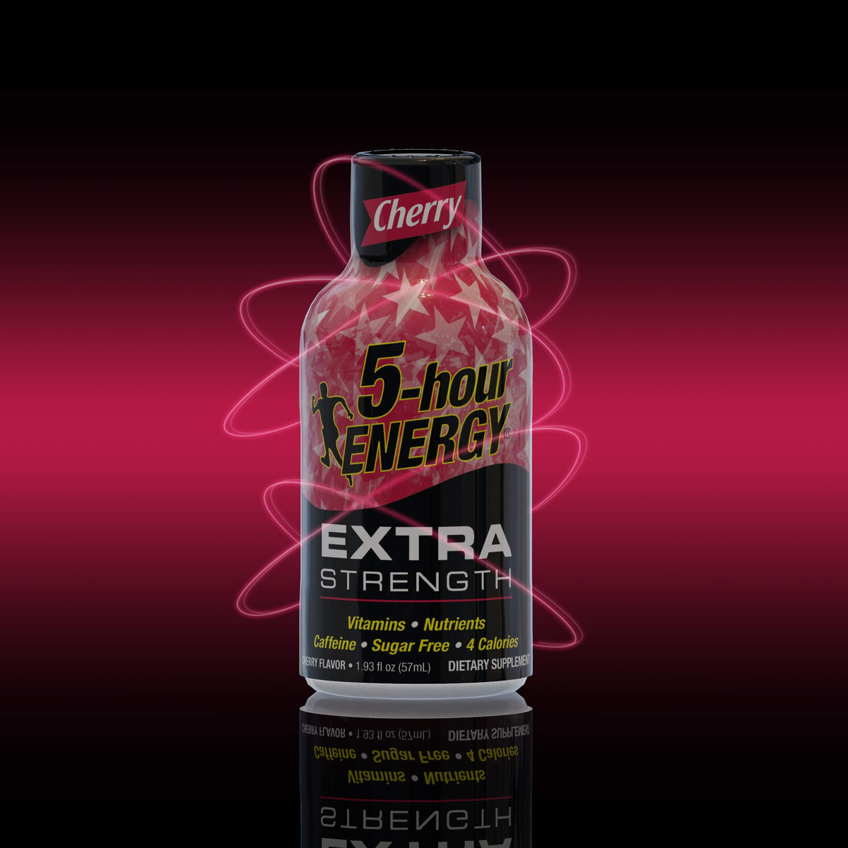5-hour ENERGY Extra Strength Cherry bottle-pour showing on-the-go energy.