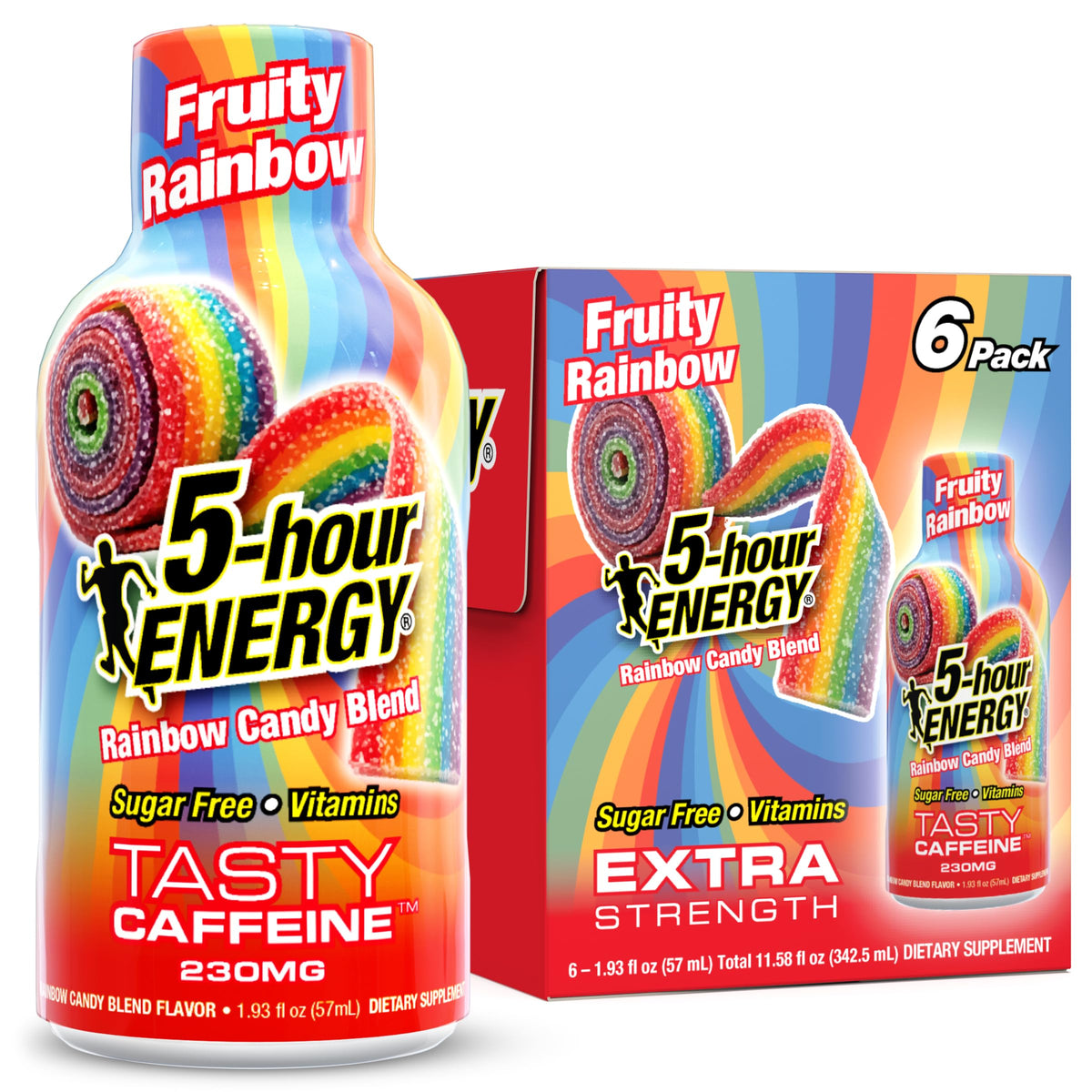Five-hour ENERGY Fruity Rainbow shot bottle ready for on-the-go focus.