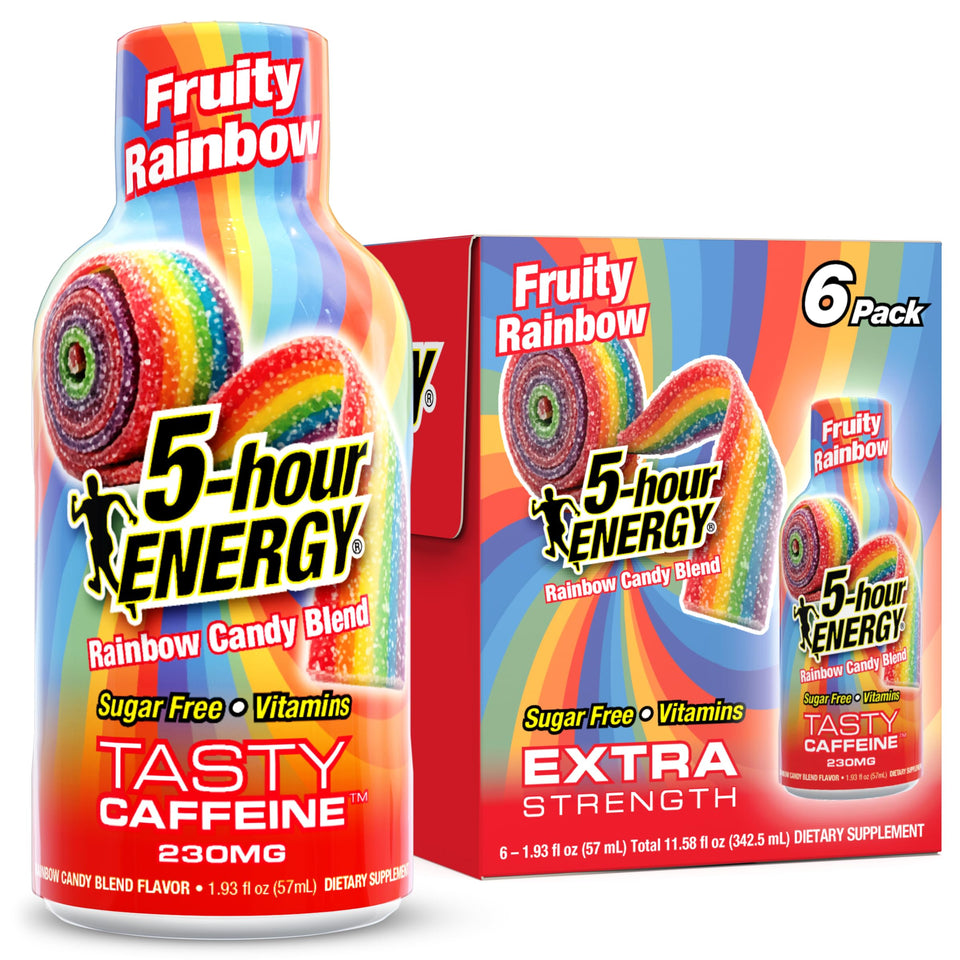 Five-hour ENERGY Fruity Rainbow shot bottle ready for on-the-go focus.