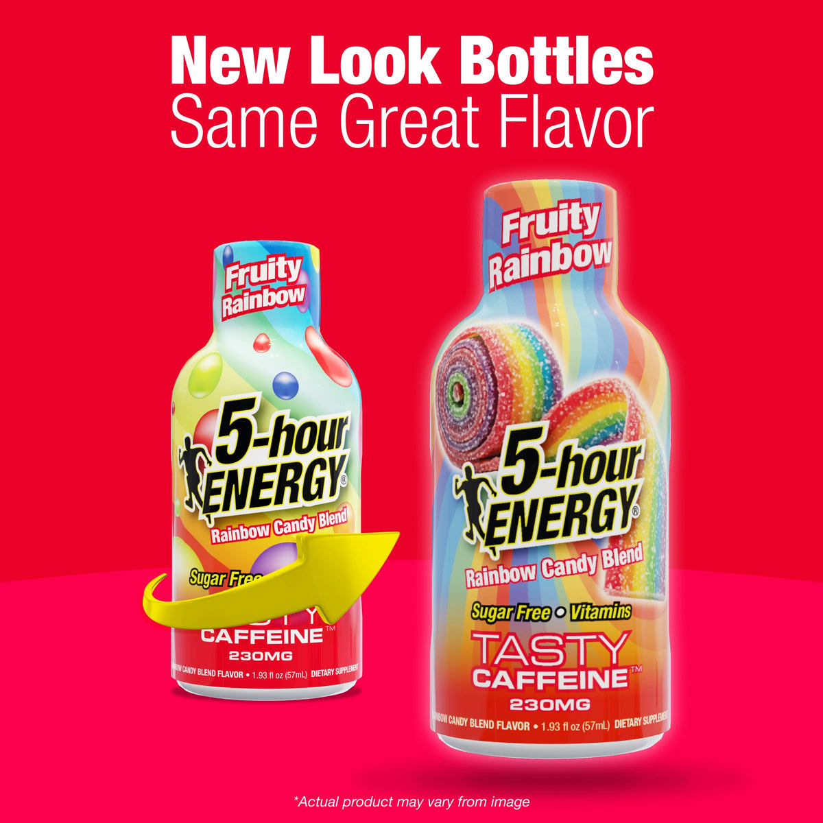 Label detail of Five-hour ENERGY Fruity Rainbow shot with candy-inspired flavor.