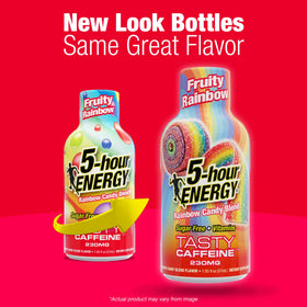 Label detail of Five-hour ENERGY Fruity Rainbow shot with candy-inspired flavor.