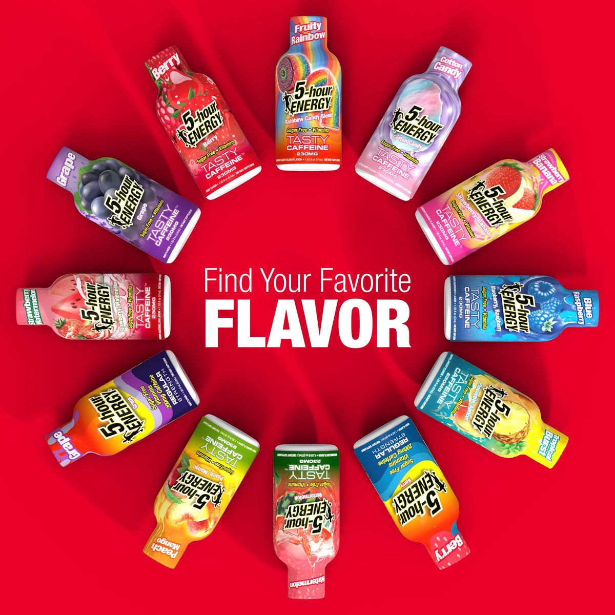 Multipack display of Five-hour ENERGY Fruity Rainbow shots for value.