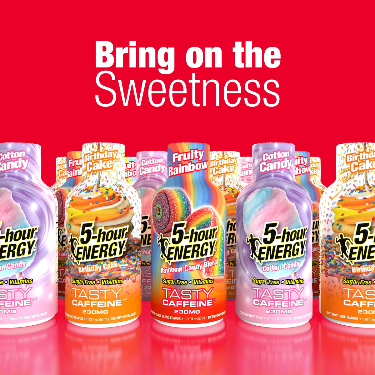 Five-hour ENERGY Fruity Rainbow shot on an office desk for focus.