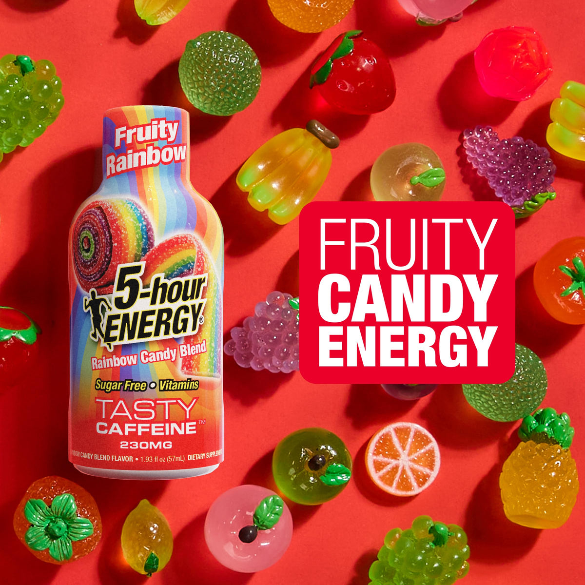 Close-up of Fruity Rainbow shot packaging highlighting zero calories.