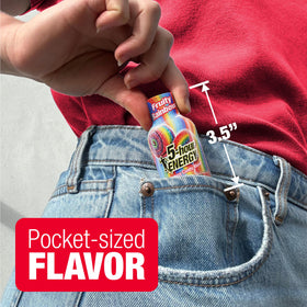 Pocket-sized Fruity Rainbow shot tucked in a shirt pocket for travel.