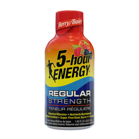 Five Hour Energy nutrition label close-up showing caffeine and vitamins for a quick boost