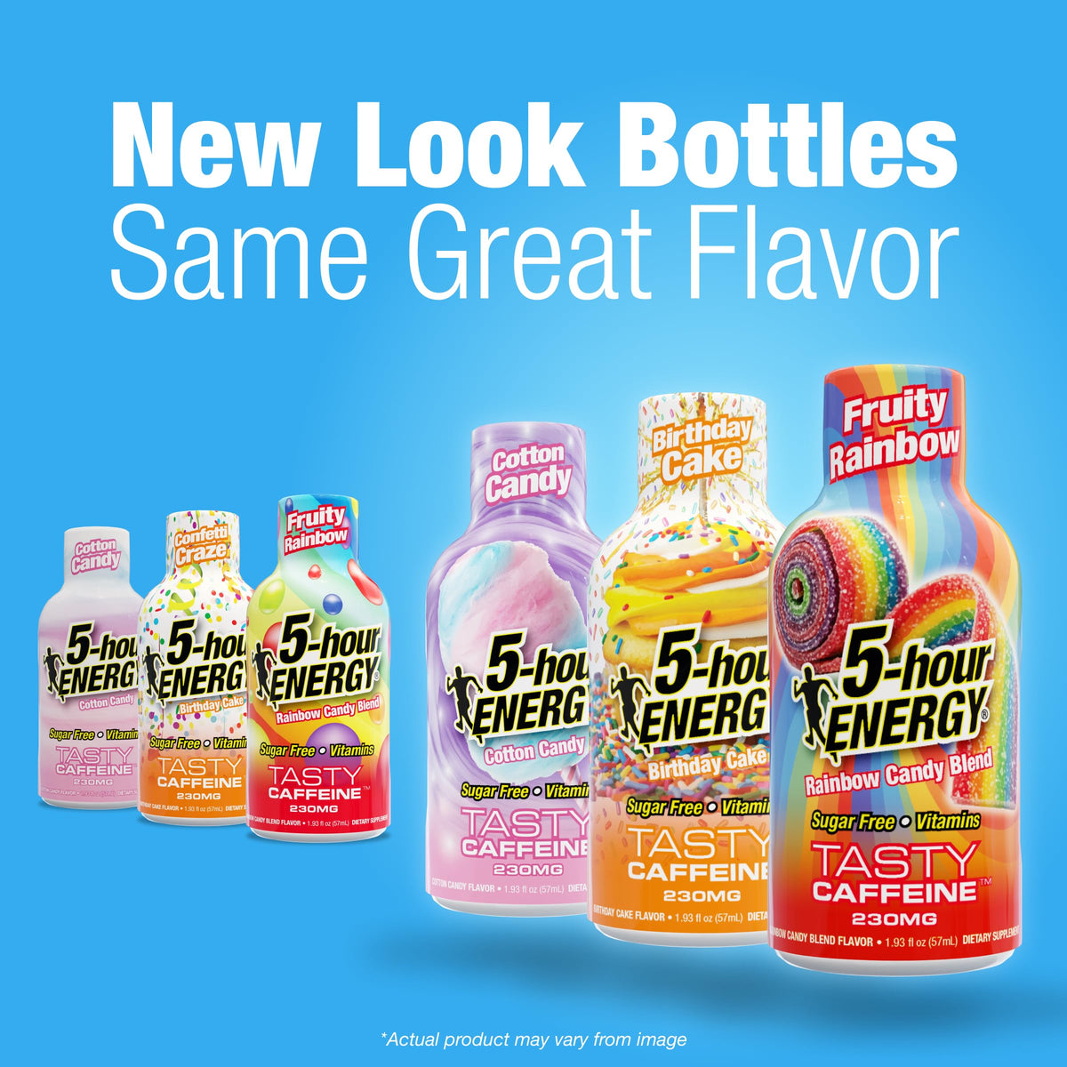 Five-hour ENERGY cotton candy flavor bottle close-up highlights craveable taste.