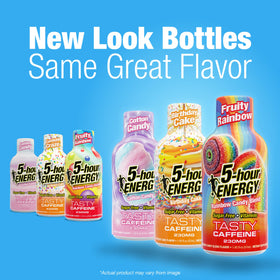 Five-hour ENERGY cotton candy flavor bottle close-up highlights craveable taste.