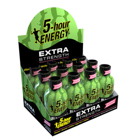 Person holding a Strawberry Watermelon Five-hour Energy bottle for on-the-go use