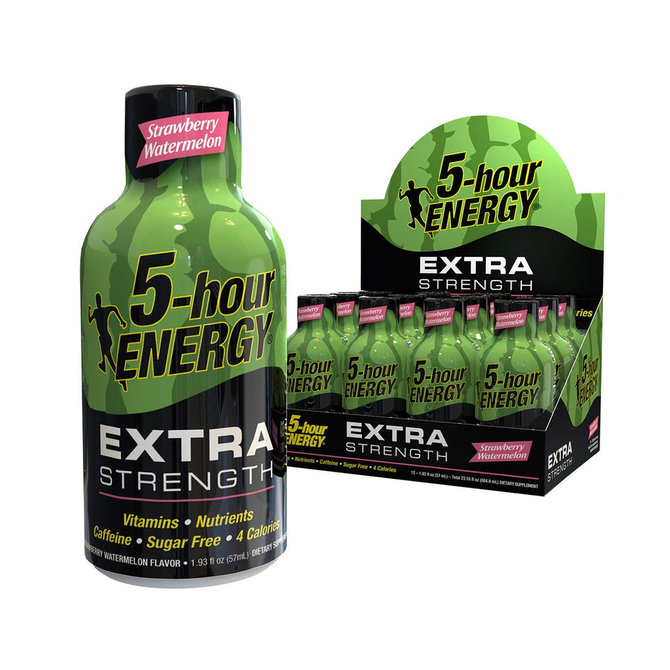 Five-hour Energy Extra Strength bottle with strawberry watermelon label for quick energy