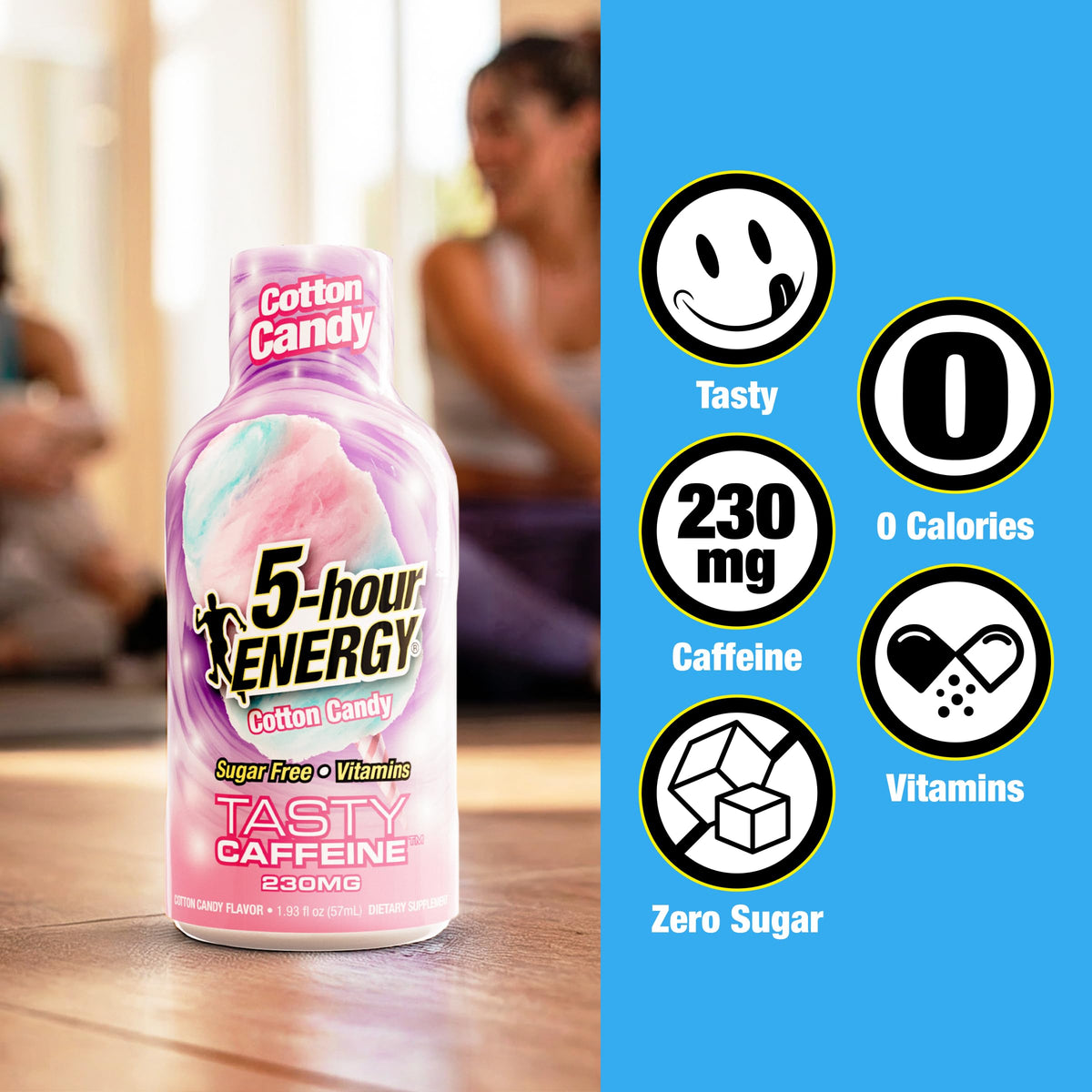 Five-hour ENERGY zero-calorie label highlights sugar-free appeal.