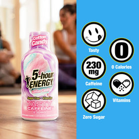 Five-hour ENERGY zero-calorie label highlights sugar-free appeal.