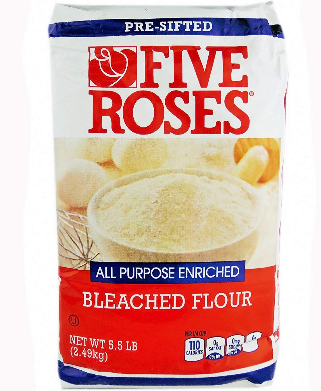 Five Roses all purpose enriched flour bag beside kitchen counter for baking breads and everyday cooking.