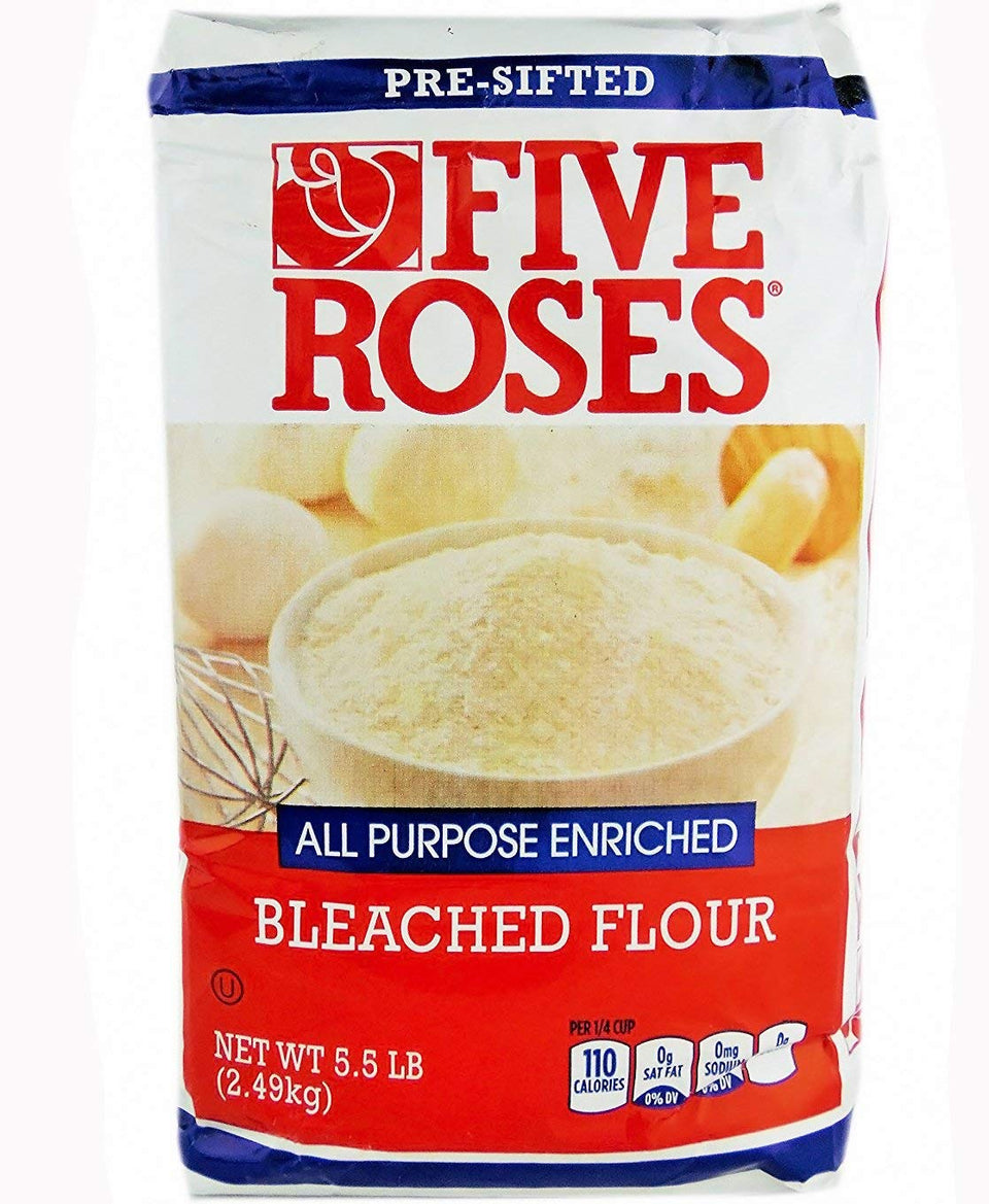 Five Roses all purpose enriched flour bag beside kitchen counter for baking breads and everyday cooking.