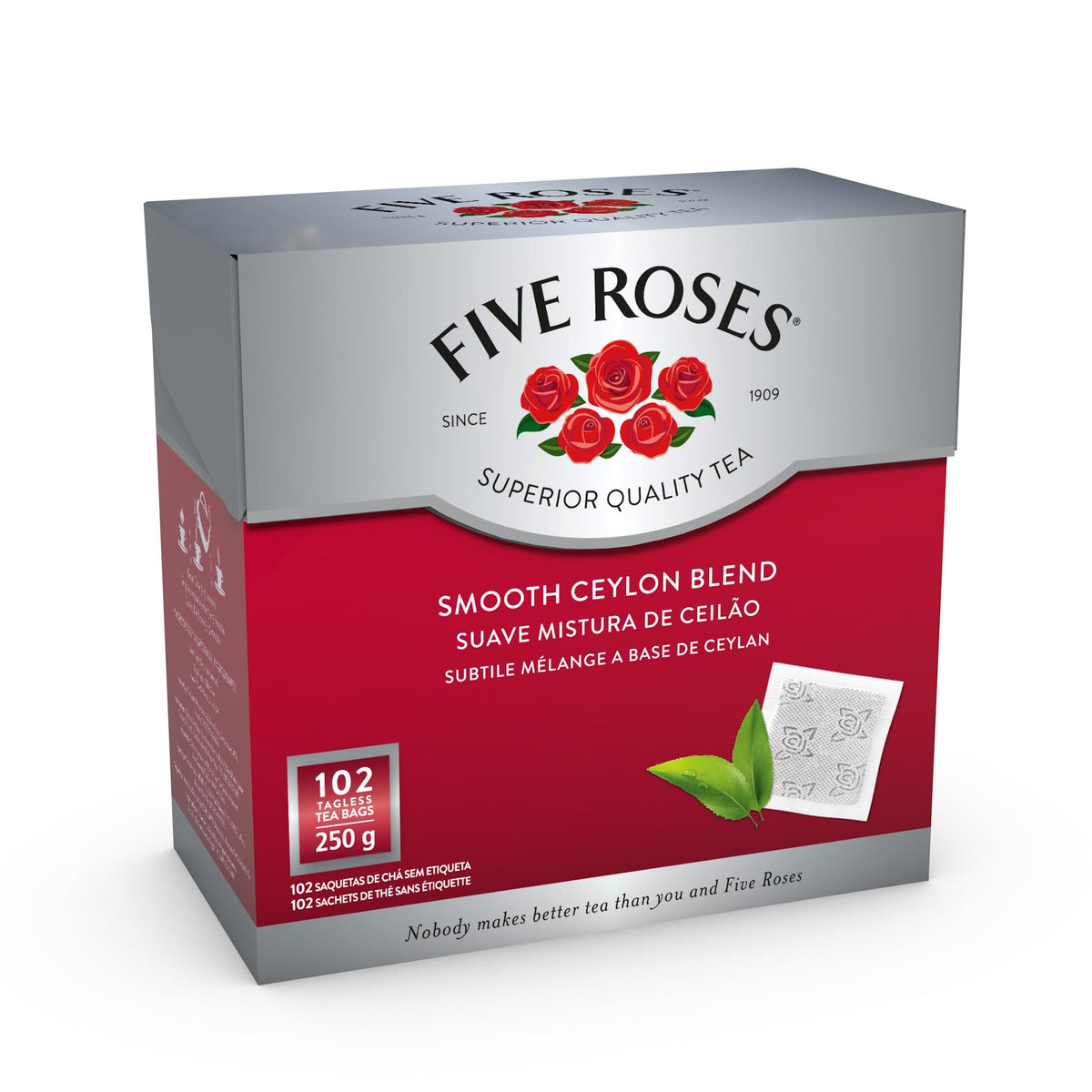 Five Roses Ceylon tagless teabags in a pack for convenient daily brewing