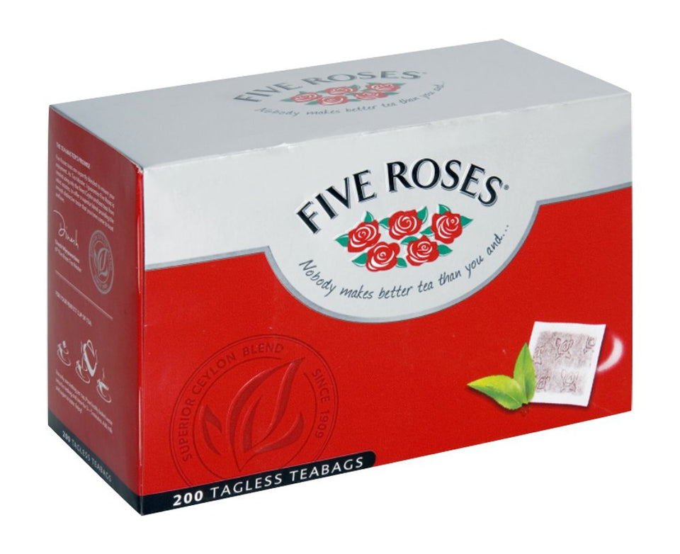 Five Roses Tea 200 tagless bags packaging for tidy, mess-free brewing.