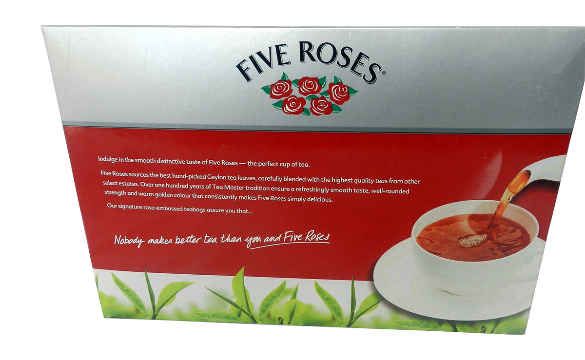 Five Roses Tea tagless teabags closeup shows quality and consistent flavor.