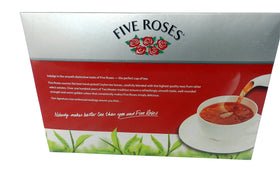 Five Roses Tea tagless teabags closeup shows quality and consistent flavor.