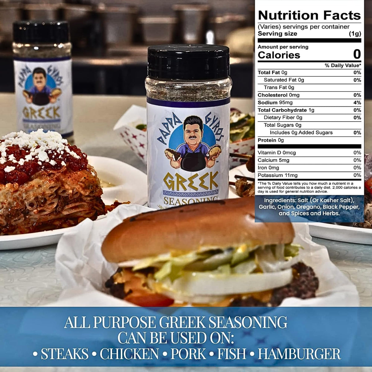 Five Star Seasonings Pappa Gyros savory herb blend enhances salads, sauces, and marinades.